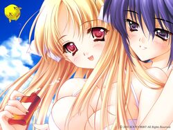  2005 2girls azuma_hatsumi azuma_hazuki bare_shoulders bikini blonde_hair blue_hair blush bottle breasts carnelian close-up day ken-chan large_breasts long_hair lotion multiple_girls purple_eyes red_eyes sunscreen swimsuit watermark white_bikini yami_to_boushi_to_hon_no_tabibito 