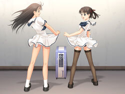  2girls air_conditioner black_hair black_panties black_thighhighs bow clothes_lift dress dress_lift electric_fan eye_contact from_behind game_cg hair_ribbon kneepits lace lace-trimmed_legwear lace_trim legs long_hair long_legs looking_at_another miniskirt mizushima_asa multiple_girls open_mouth panties petite ribbon sailor_dress school_uniform serafuku skirt socks sora_no_iro_mizu_no_iro sorayama_natsume thighhighs thighs tony_taka twintails underwear white_panties zettai_ryouiki 