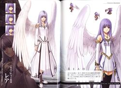  character_name dress female highres imageboard_desourced non-web_source official_art purple_hair reah_(ys) scan taue_shunsuke thighhighs wings ys ys_origin 