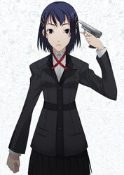  blue_hair brown_eyes female gun hair_ornament hairclip handgun mizuki_makoto morimoto_kanaru naginomori_gakuen_high_school_uniform persona persona_trinity_soul photoshop_(medium) school_uniform short_hair solo weapon 