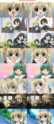  2boys 3girls :d anime_screenshot artist_request black_hair blonde_hair blue_eyes bowl brown_eyes character_request chopsticks closed_eyes comparison dress eating green_hair hanazono_karin highres kamichama_karin kujou_kazune light_brown_hair long_hair multiple_boys multiple_girls open_mouth quality school_uniform seiei_sakuragaoka_academy_school_uniform short_hair smile twintails 