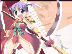  :d blush bow bowtie dress female green_bow green_bowtie headdress highres kagura_yuuki light_purple_hair long_sleeves looking_at_viewer lu_bu open_mouth photoshop_(medium) polearm qinglong_ji red_dress ryofuko short_hair side_ponytail smile solo tareme tassel weapon yawaraka_sangokushi_tsukisase!!_ryofuko-chan 