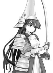  armor armored_dress commentary_request cowboy_shot female greyscale helmet holding holding_sword holding_weapon japanese_armor kabuto_(helmet) katana kusazuri looking_away monochrome rance_(series) sengoku_rance shoulder_armor sode solo sword two-handed uesugi_kenshin_(rance) weapon yamaguchi_homupe 