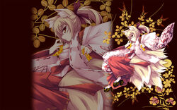  animal_ears blonde_hair breasts female fox_ears fox_tail geta hair_ribbon hakama hakama_skirt japanese_clothes kimono long_hair medium_breasts miko multiple_tails ofuda original photoshop_(medium) ponytail profile red_hakama ribbon shimakaze_(soundz_of_bell) skirt solo tabi tail yellow_eyes zoom_layer 