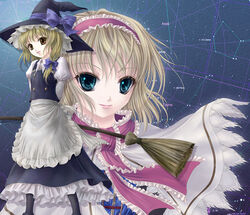  2girls alice_margatroid apron aries_(constellation) arms_behind_back astronomy black_skirt black_vest blonde_hair blue_bow bow broom buttons capelet cetus_(constellation) constellation embellished_costume frilled_apron frilled_hairband frilled_ribbon frills hairband hairbow hat hat_bow holding holding_broom juliet_sleeves kirisame_marisa long_skirt long_sleeves multiple_girls orion_(constellation) petticoat photoshop_(medium) puffy_sleeves ribbon skirt star_map taurus_(constellation) touhou upper_body vest waist_apron white_capelet witch_hat yuki_shuuka 