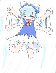  barefoot blue_bow blue_dress blue_hair blush bow cirno closed_eyes dress female full_body hairbow oekaki open_mouth outstretched_arms photoshop_(medium) shaomin solo tantrum touhou 