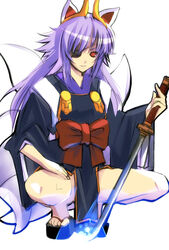  animal_ears eyepatch feet female horns japanese_clothes katana kuon_(shinrabanshou) loincloth magic multiple_tails ninja painttool_sai_(medium) purple_hair red_eyes shinrabanshou smile solo spread_legs squatting sword tail takashima weapon 