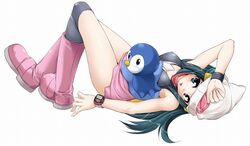  beanie black_socks blue_eyes blue_hair blush boots dawn_(pokemon) endou_masatoshi female full_body hat kneehighs long_hair looking_back lying pink_footwear piplup pokemon pokemon_(creature) poketch simple_background skirt socks thighhighs tongue watch white_background wristband wristwatch 