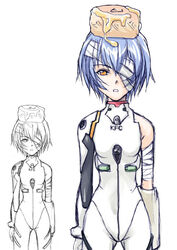  artist_request ayanami_rei bandage_over_one_eye bandages bisuke-tan bisuke-tan_(cosplay) blue_hair bodysuit cosplay female kfc multiple_views neon_genesis_evangelion object_on_head plugsuit short_hair white_bodysuit 