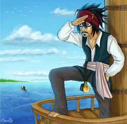  2boys bags_under_eyes barefoot blue_sky boat cloud cloudy_sky commentary_request cosplay crossover day death_note facial_hair hani7 headband horizon jack_sparrow jack_sparrow_(cosplay) l_(death_note) male_focus moustache multiple_boys ocean parody pirate pirate_costume pirate_ship pirates_of_the_caribbean ryuk shinigami signature sky watercraft yagami_light 