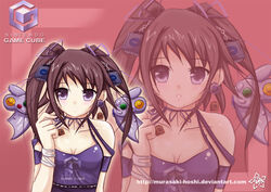  bad_source bracelet breasts cleavage cube_hair_ornament earrings female game_console gamecube gamecube-tan hair_ornament hair_ribbon jewelry medium_breasts murasaki-hoshi nintendo personification photoshop_(medium) purple_eyes ribbon solo zoom_layer 