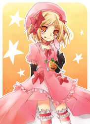  beret blonde_hair candy dress elbow_gloves female food gloves hat lambdadelta lollipop okaasan_to_issho orange_eyes pink_dress pink_hat solo spoo suzushiro_kurumi swirl_lollipop thighhighs umineko_no_naku_koro_ni 