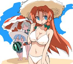  3girls beach bikini blue_eyes breasts collarbone food fruit hat hong_meiling izayoi_sakuya jaggy_lines long_hair multiple_girls oekaki open_mouth red_hair remilia_scarlet shaomin swimsuit touhou watermelon 