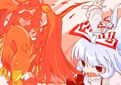  bird bow buttons collared_shirt female fujiwara_no_mokou fujiwara_no_mokou_(phoenix) hairbow jaggy_lines long_hair long_sleeves lowres oekaki open_mouth pants phoenix red_bow red_eyes red_pants shaomin shirt sidelocks solo suspenders touhou v-shaped_eyebrows white_shirt 