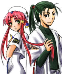  1boy :o aria_(manga) aria_company_uniform artist_request beret blouse blush crossed_arms dress female green_eyes green_hair hair_tubes hat izumo_akatsuki lab_coat long_dress long_hair looking_at_viewer mizunashi_akari parted_lips ponytail sailor_collar shirt short_sleeves sidelocks simple_background uniform upper_body white_background white_dress white_shirt 