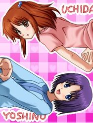  2girls :d :o awa blue_eyes blush brown_hair character_name checkered_background long_sleeves looking_at_viewer lowres minami-ke multiple_girls open_mouth parted_lips purple_hair shirt short_hair short_sleeves smile sweater t-shirt tareme uchida_yuka yoshino_(minami-ke) 