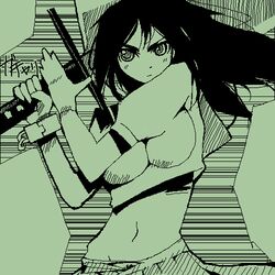  chiisan copyright_request female green_theme jaggy_lines lowres monochrome oekaki solo sword weapon 