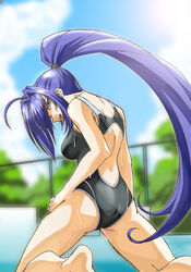  ahoge artist_request ass blue_eyes blue_hair blurry breasts competition_school_swimsuit competition_swimsuit depth_of_field diving_block female from_behind hair_intakes hand_on_own_thigh hayase_mitsuki kimi_ga_nozomu_eien kneeling large_breasts long_hair looking_back one-piece_swimsuit photoshop_(medium) ponytail racerback school_swimsuit smile solo spread_legs swimsuit very_long_hair wet 