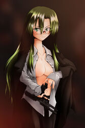  asatana asougi_rin breasts cleavage female glasses green_hair gun handgun jacket jacket_on_shoulders locked_slide magazine_(weapon) medium_breasts mnemosyne no_bra open_clothes open_shirt reloading shirt solo weapon 