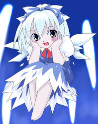  barefoot bow cirno female photoshop_(medium) shaomin smile solo touhou 