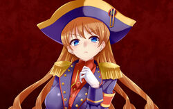  :&lt; bicorne blue_eyes blush breasts buttons commentary_request drill_hair eiyuu_senki epaulettes female gloves hat impossible_clothes large_breasts lips long_hair long_sleeves looking_at_viewer military military_uniform napoleon_bonaparte_(eiyuu_senki) orange_hair shuuhei_(shoohey) solo uniform upper_body white_gloves 