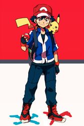  1boy backpack bag baseball_cap black_hair brown_eyes chokota commentary_request facial_mark full_body hat holding holding_poke_ball looking_at_viewer male_focus multicolored_background on_shoulder pikachu poke_ball poke_ball_(basic) pokemon pokemon_(anime) pokemon_(creature) pokemon_bw_(anime) pokemon_on_shoulder satoshi_(pokemon) shoes simple_background smile sneakers standing whisker_markings 