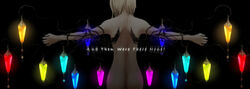  alternate_wings ass back bad_id bad_pixiv_id black_background blonde_hair english_text facing_away female flandre_scarlet from_behind glowing glowing_wings median_furrow nude outstretched_arms pochiharu rainbow_order short_hair solo touhou wings 