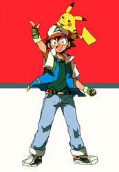  1boy animal baseball_cap black_hair brown_eyes chokota clenched_hand commentary_request denim fingerless_gloves gloves hat index_finger_raised jacket jeans male_focus multicolored_background on_head pants pikachu pokemon pokemon_(anime) pokemon_(classic_anime) pokemon_(creature) pokemon_on_head satoshi_(pokemon) shoes short_hair simple_background smile sneakers wing_collar 