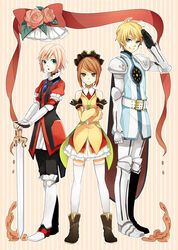  1boy 2girls alternate_costume blonde_hair blue_eyes boots brown_hair commentary_request estellise_sidos_heurassein estellise_sidos_heurassein_(heroic_actress) flower flynn_scifo knee_boots multiple_girls official_alternate_costume pink_hair rita_mordio rita_mordio_(spotlight_hog) short_hair sword tales_of_(series) tales_of_vesperia tama_(songe) thighhighs weapon 