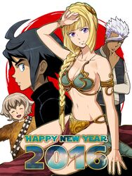  2016 2boys 2girls atra_mixta black_hair blonde_hair blue_eyes braid breasts chewbacca chewbacca_(cosplay) cleavage commentary_request cosplay dark-skinned_male dark_skin grey_hair gundam gundam_tekketsu_no_orphans han_solo han_solo_(cosplay) kei-co kudelia_aina_bernstein long_hair luke_skywalker luke_skywalker_(cosplay) medium_breasts metal_bikini mikazuki_augus multiple_boys multiple_girls orga_itsuka pelvic_curtain princess_leia_organa_solo princess_leia_organa_solo_(cosplay) purple_eyes short_hair star_wars star_wars:_return_of_the_jedi 