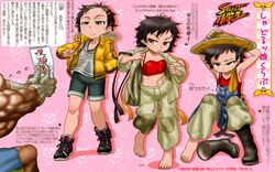  1boy armpits barefoot boots boro casual commentary_request cosplay feet female hat highres makoto_(street_fighter) makoto_(street_fighter)_(cosplay) sagat sports_bra straw_hat street_fighter translation_request 