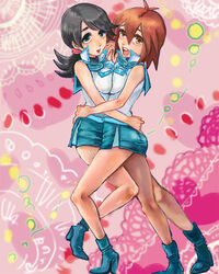  2girls ass asymmetrical_docking black_hair breast_press breasts brown_eyes brown_hair green_eyes hamaguchi_momoe high_heels hug large_breasts long_hair lowres makita_junko makurada_junko multiple_girls shoes short_hair skirt yu-gi-oh! yuri yuu-gi-ou_gx 