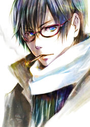  1boy bad_id bad_pixiv_id bespectacled blue_eyes blue_hair cigarette glasses kaito_(vocaloid) male_focus red-framed_eyewear scarf smoking solo umu_(um) upper_body vocaloid white_scarf 