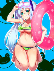  bikini blue_hair commentary_request diving_mask female goggles green_eyes highres hiraga_gennai_(sengoku_collection) innertube long_hair mantarou photoshop_(medium) sengoku_collection snorkel swim_ring swimsuit twintails 