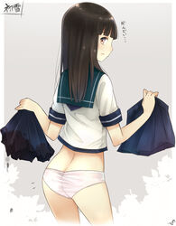  ass bad_id bad_pixiv_id black_hair blunt_bangs brown_eyes changing_clothes cowboy_shot female hatsuyuki_(kancolle) holding holding_clothes holding_skirt kantai_collection long_hair looking_at_viewer no_pants panties pleated_skirt school_uniform serafuku skirt solo torn_clothes torn_skirt translated umasanjin underwear unworn_skirt white_panties 