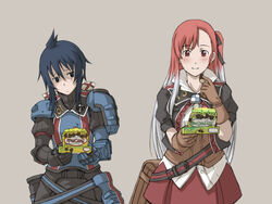  2girls ahoge armor blue_eyes blue_hair blush commentary_request gloves hair_ribbon imca koitsu_tera_auau long_hair military military_uniform multicolored_hair multiple_girls ponytail red_eyes red_hair ribbon riela_marcellis senjou_no_valkyria_(series) senjou_no_valkyria_3 side_ponytail smile uniform white_hair 