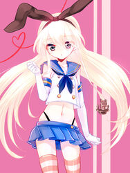  :o anchor blonde_hair blue_eyes commentary_request cowboy_shot crop_top crop_top_overhang female gloves hairband heart kantai_collection long_hair midriff miniskirt navel pink_background pleated_skirt rey0 sailor_collar shimakaze_(kancolle) skindentation skirt solo striped_clothes striped_thighhighs thighhighs very_long_hair 