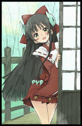  :d bell black_hair blush border bow commentary_request eiyuu_senki female green_eyes hair_ornament hairbow himiko_(eiyuu_senki) jingle_bell long_hair long_sleeves looking_at_viewer magatama magatama_hair_ornament open_mouth outdoors red_bow red_skirt skirt smile solo tree very_long_hair whoosaku 