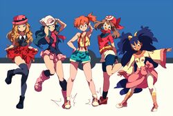  5girls adjusting_clothes adjusting_headwear arms_behind_back beanie blonde_hair blue_hair boots brown_hair chokota commentary_request crop_top crop_top_overhang dark-skinned_female dark_skin dawn_(pokemon) finger_gun hair_ornament hat iris_(pokemon) kasumi_(pokemon) leggings lineup long_sleeves looking_at_viewer looking_away may_(pokemon) midriff multicolored_background multiple_girls navel pokemon pokemon_(anime) pokemon_(classic_anime) pokemon_bw_(anime) pokemon_dppt_(anime) pokemon_rse_(anime) pokemon_xy_(anime) red_hair scarf serena_(pokemon) shoes simple_background skirt skirt_hold sleeveless sneakers suspenders thighhighs 