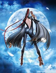  3d absurdres ankle_gun artist_request ass back backless_outfit bayonetta bayonetta_(series) black_hair bodysuit chains cloud contrapposto feathers female finger_on_trigger from_behind full_body full_moon gloves gun hair_ribbon handgun high_heels highres holding holding_gun holding_weapon leather long_hair moon night night_sky official_art outdoors quadruple_wielding ribbon runes scarborough_fair_(bayonetta) shoes sky slim_legs solo standing strap very_long_hair weapon white_gloves 