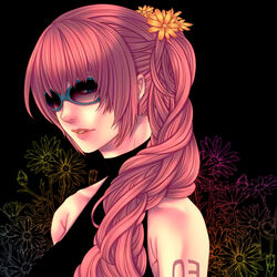  bare_shoulders blue_eyes female flower hair_flower hair_ornament kana_(mr_hahn) long_hair megurine_luka pink_hair ponytail secrets_(vocaloid) smile solo sunglasses tattoo vocaloid 