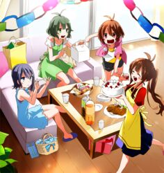  1boy 3girls :d ^_^ akizuki_ryo antenna_hair bad_id bad_pixiv_id birthday_cake birthday_party blush box brown_eyes brown_hair cake closed_eyes dearly_stars_(idolmaster) embarrassed food gift gift_box hidaka_ai hidaka_mai idolmaster idolmaster_dearly_stars mizutani_eri multiple_girls open_mouth otoko_no_ko paper_chain pastry_box sakano_anri short_hair smile taking_picture wavy_mouth 