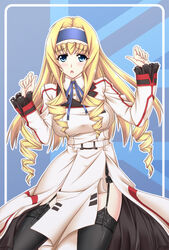  alternate_legwear bad_id bad_pixiv_id belt belt_buckle black_thighhighs blonde_hair blue_background blue_eyes blue_hairband blue_ribbon blush breasts buckle cecilia_alcott collared_shirt commentary_request cowboy_shot curly_hair dress drill_hair female garter_belt hairband hands_up infinite_stratos infinite_stratos_academy_school_uniform large_breasts long_hair long_sleeves looking_at_viewer neck_ribbon open_mouth panties ribbon school_uniform shirokuma_a shirt solo thighhighs underwear white_belt white_dress white_shirt 