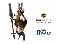  anthro armello armor cannon cape clothing english_text gonne gun hargrave_(armello) hi_res lagomorph league_of_geeks leporid male mammal melee_weapon official_art pegleg polearm prosthetic prosthetic_leg prosthetic_limb rabbit ranged_weapon simple_background solo spear text weapon white_background 