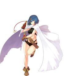  belt blue_hair cape cypria_(sennen_sensou_aigis) dual_wielding female full_body green_eyes holding holding_knife holding_weapon knife leg_up loose_belt official_art ryuuta_(msxtr) sennen_sensou_aigis short_hair smile solo transparent_background weapon 