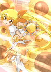  blonde_hair blush boots bow choker commentary_request cure_sunshine female flower hair_ribbon heartcatch_precure! instrument long_hair magical_girl midriff myoudouin_itsuki no_nose orange_bow orange_choker orange_skirt photoshop_(medium) precure ribbon shiny_tambourine_(heartcatch_precure!) skirt solo soutsuki_naru sunflower tambourine twintails yellow_background yellow_bow yellow_eyes yellow_theme 