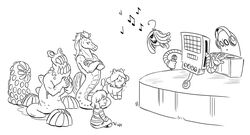  3boys 3girls aaron_(undertale) androgynous beamed_eighth_notes commentary eighth_note epilogue family frisk_(undertale) good_end greyscale half_note headphones horse lemon_bread lynxgriffin mettaton mettaton_(box) moldbygg moldsmal monochrome monster_boy monster_girl multiple_boys multiple_girls music musical_note napstablook phonograph photoshop_(medium) quarter_note sharp_teeth shyren siblings signature singing sisters slime_(substance) spoilers teeth temmie turntable undertale 