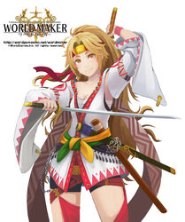  ahoge bad_id bad_pixiv_id bandages breasts brown_eyes brown_hair cleavage copyright_name detached_sleeves dual_wielding elrowa female headband holding katana long_hair looking_at_viewer medium_breasts official_art original ponytail sarashi smile solo sword weapon world_maker 