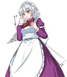  :d alternate_costume blush_stickers bow commentary_request enmaided female from_below ganmaganmo grey_hair highres kishin_sagume maid maid_headdress open_mouth red_eyes single_wing smile solo thats_not_it touhou translated wings 