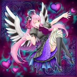  black_socks breasts commentary_request duel_monster female full_body ghostrick_angel_of_mischief green_eyes hat heart highres long_hair multicolored_hair multicolored_wings nail_polish one_eye_closed open_mouth pink_hair purple_hair side_ponytail socks solo usoutsuki white_hair wings yu-gi-oh! 